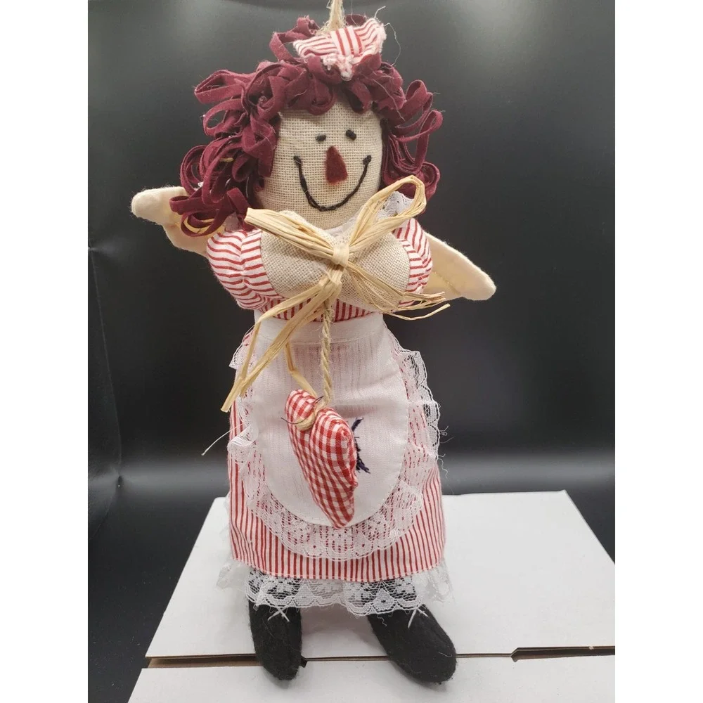primitive rag Doll Angel,  Red Hair And Red Striped Dress